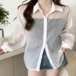 세련된 여름 얇은 순수한 욕망 소녀 투명한 선 스크린 카디건 셔츠 중간 길이 루즈 피트 여성용