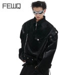 FEWQ 니치 광택 패턴 숄더 PU 가죽 재킷 디자인 실루엣 탑 다크웨어 남성 단색 24E2105