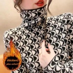 새해 빈티지 프린트 티셔츠 여성 우아한 터틀넥 가을 소프트 레저 세련된 탑 슬림 따뜻한 풀오버 팜므