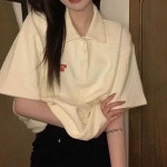 여성 크림 카라 와플 반팔티셔츠 데일리 캐주얼 연예인 예능룩
