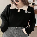 세련된 스타일 빈티지 폴로 칼라 컬러 간단한 탑 레터 프린트 루즈 피트베이스 롱 소매 티셔츠 여성용