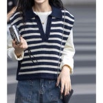 여성용 니트조끼 울 조끼 100 순모 폴라넥 스트라이프 캐시미어 니트 CH1