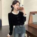 가을 겨울 여성을 위한 프랑스 복고풍 스타일의 벨벳 바닥 셔츠 682N356429
