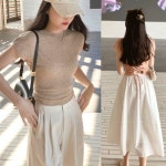 옷자락 여자 간절기 가을 잔골지 슬림핏 백오픈 캡숄더 니트