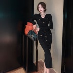 Gamvdout 여성 봄 가을 브이넥 니트 슬림핏 원피스 블랙색 G1269