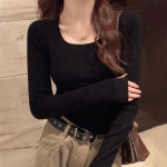 여성 유넥 디자인 캐주얼 외출 슬림 티셔츠