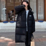 투웨이 여성 후드 패치 심플 데일리 롱패딩 로고