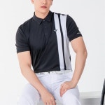 스포티한 검흰 스트라이프 남성 반팔 골프 티셔츠 체형보정