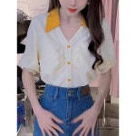 톤온톤 터틀넥 반팔 블라우스 여 2024 여름 통통항풍 빈티지 배 가림 브이넥 상의