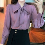 여자 겨울 직장인 오피스 룩 리본 타이 쉬폰 블라우스