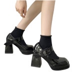 쌍천 굽있는 통굽 하이힐 메리 제인 신발 여름 가을 청키 하이 버클 꽃 37