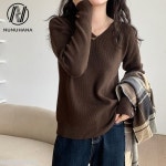 MINGONG 여성 브이넥 니트 루즈핏 스웨터 J0200