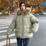 겨울 후드 퍼 두꺼운 숏 소매 시보리 밑단 스트링 여성 패딩 점퍼 J0419