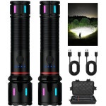 2팩 LED 충전식 손전등 하이 루멘 1000개 이상 초밝은 줌형 형광 홈 캠핑 하이킹용 방수 강력 다기능