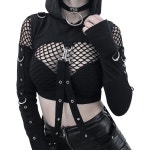 여성 고딕 후드 탑 긴팔 체인 프린트 크롭 탑 E-Girl 하라주쿠