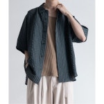 캐스퍼 캐스퍼 존 Various loose regular shirts -stripe sheer- 바리아스 루즈 레귤러 셔츠 -스트라이프 시어- -그린 C