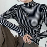 여성 스트라이프 반목티 기모 터틀넥 폴라 티셔츠