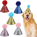 5PCS 강아지 파티 모자 작은 고양이 생일 모자와 폼폼스 길터 조절 가능한 동물 인형 의상 액세서리