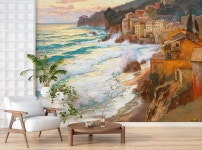 명화벽지 23p162 - Carl O Lynch of Town 칼 올린치 폰 다운 A Southern Coas 파도 바다 마을 집 풍경 3폭 제작도 한지 2820X2