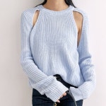 어깨트임 여성 니트티 하찌 라운드넥 긴팔 티셔츠