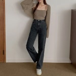 데이오프무드 여성용 세미와이드 데님 청바지 숏 흑청 7183-2