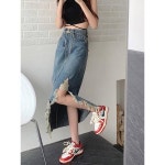 봉가네 빈티지 절개 데님 스커트 여 봄신상 하이웨스트 언밸런스 프릴 a라인 스커트