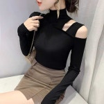 펀칭 의상 라틴댄스 티셔츠 긴팔 오픈숄더 여자 댄스복 블랙 S H8905