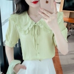 여성 빅카라 블라우스 레이스 프릴 리본 반팔 여름 민트 S