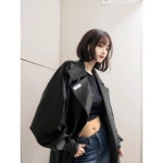 디자인 레더 코트 여 추동 하프 기장 슬리브리스 트렌치코트 한국판 루즈핏 코트