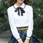 학원풍 추동 여성복 학생 순면마루 인형넥 긴팔 오르간 주름 목이버섯 셔츠