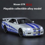 1 32 닛산 스카이라인 아레스 GTR R34 합금 다이캐스트 스포츠 레이싱 카 모델 시뮬레이션 사운드 라이