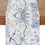 블루 버드 플라워 린넨 테이블 러너 우아한 파티 B 59x13inch