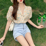 POMTOR 여성 여름 퍼프소매 플라워 쇼트 셔츠