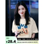 이목천 같은 아메리칸 빈티지 고양이 프린트 라운드 티셔츠 반팔 여 순면 여름 크림색 상의