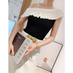 4 여름 프릴 일자넥 민소매 오프숄더 니트 반팔 쇄골 기질 블라우스 H1723