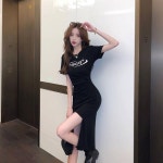 퓨어 칼라 언밸런스 트임 슬림 반팔 원피스 여 샤랄라 허리 여 샤랄라 디자인 스몰 원피스