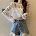 여름 긴팔 펀칭니트 크롭탑 씨스루상의 검은색