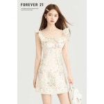 Forever21 한 스트링 플라워 소매 스팽글 원피스 여 여름 펀칭 레이스 패치 스커트