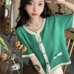 여성 트위드 니트 반팔 상의 캐주얼 아우터 소향풍 반팔 자켓 루즈핏 데일리 니트 카디건 상의 LJX 그린