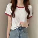 옷자락 여자 여름 3컬러 넥 소매 배색 라인 크롭 반팔 티셔츠