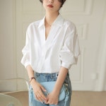 화이트 반팔 셔츠 여성용 여름 기질 하이 엔드 센스 미드 슬리브 V 넥 블라우스 반팔 셔츠