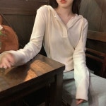 여자 긴팔 단추 잠금 캐주얼 외출 후드 얇은 니트티 티셔츠 라운드 여성 가을 겨울