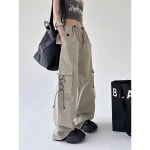 UNKNOWN 카고 와이드 팬츠 가을 여성 바지 밴딩 포켓 플리츠 루즈핏 Khaki