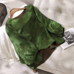 모던 빈티지 퍼프 소매 자카드 실크 반서랑 홍운사 상의 여자 라운드 루즈핏 셔츠 H2082