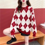 별후이 여성용 루즈핏 라운드넥 아가일 니트 따뜻한 긴팔 스웨터11dg11LL S