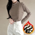 여성 기모 반목티 스트라이프 스판 반폴라 티셔츠