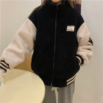 옷자락 옷자락 여자 뽀글이 박시핏 배색 패치 겨울 하이넥 점퍼