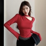 지9차이나 원 숄더 사이드 브이 트임 슬림핏 홀터 넥 티셔츠 S