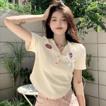 쇼트 슬림 브이넥 자수 반팔 정어깨 티셔츠 여름 디자인 유니크한 크롭탑녀 M