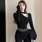 지9차이나 원 숄더 사이드 브이 트임 슬림핏 홀터 넥 티셔츠 L